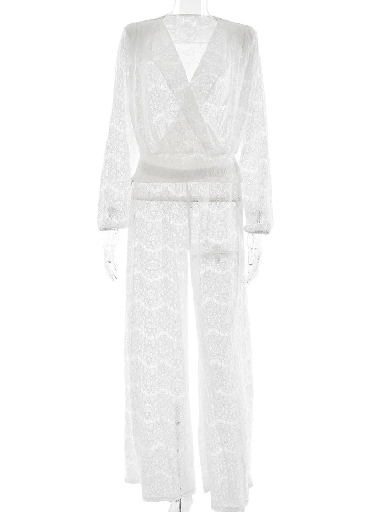sexy deep See Through Lace Two Piece Sets womens long sleeved pants autumn solid cologant set