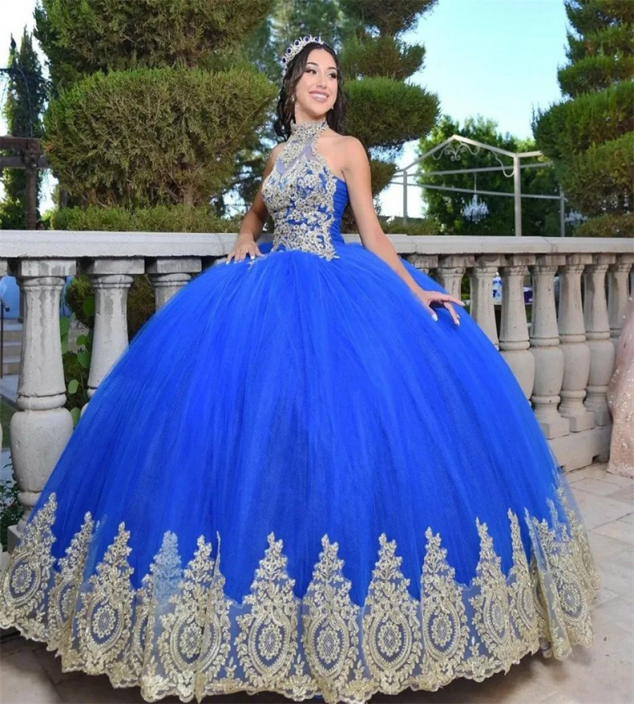 Halter Royal Blue Quinceanera Dresses With Gold Appliques Ball Gown Sleeveless Vestidos De 15 Quinceanera Fifteen Party Dresses Vestido De Debutante 1