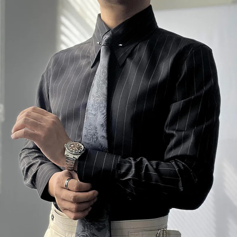 Autumn Korean Mens Striped Printed Shirt Business Casual Dress Mens Camisa Social Masculina Manga Longa Mens Clothing 241007