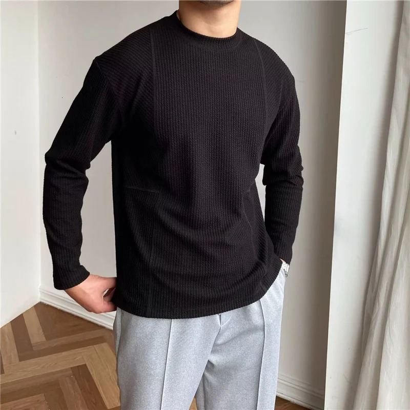 Spring Autumn Casual Fashion Solid Loose T-shirt Man Long Sleeve All Match Korean Style Patchwork Pullover Tops Tee Male Clothes 241011