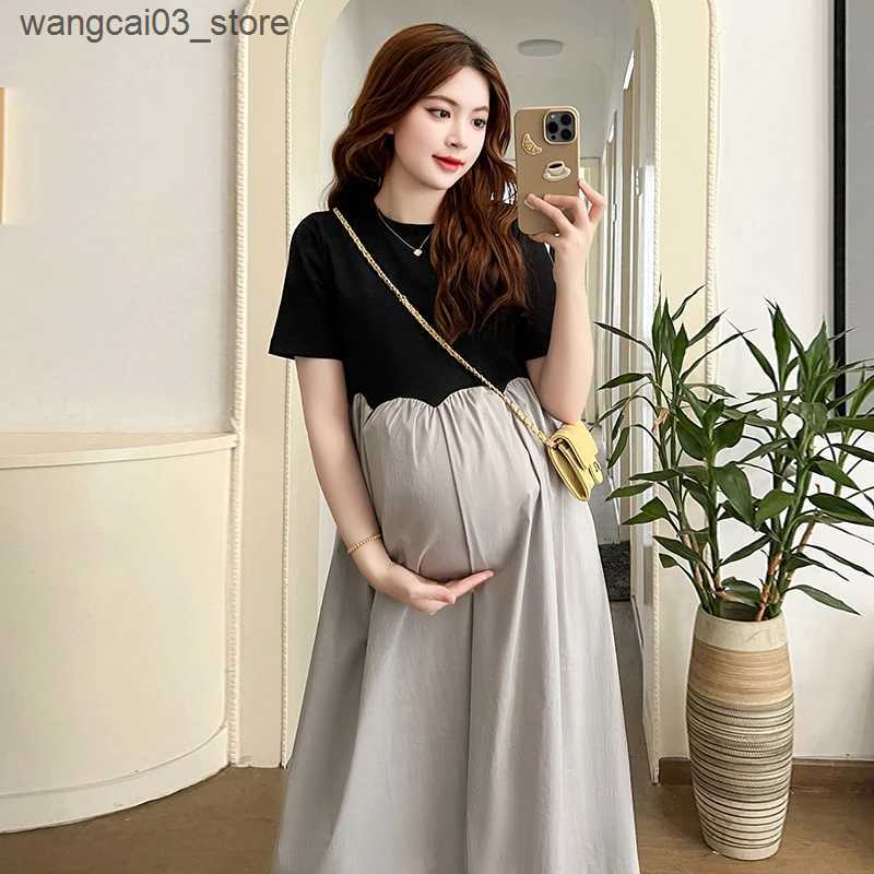 Maternity Dresses 2024 French Style Pregnant Women Elegant Dress Plus Size Long Sleeve O-Neck High Waist Maternity A-Line Dress Long Loose Clothes L24