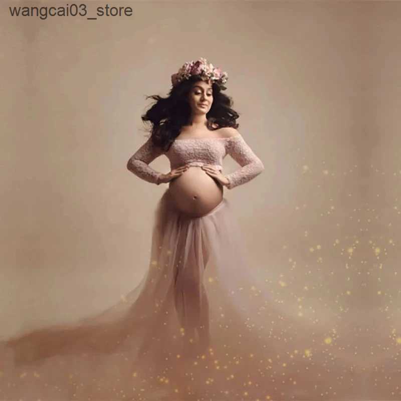 Maternity Dresses Maternity Dresses Set Long Sleeve Lace Crop Top+Tulle Skirt Maternity Maxi Gowns Dresses for Photo Shoot Pregnancy Photography L2409