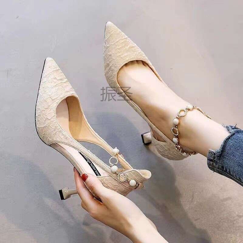 Women high heel shoes dress shoes women leather two colours cusp 5-8cm heels beautiful elegant casual shoes pearl chain trim