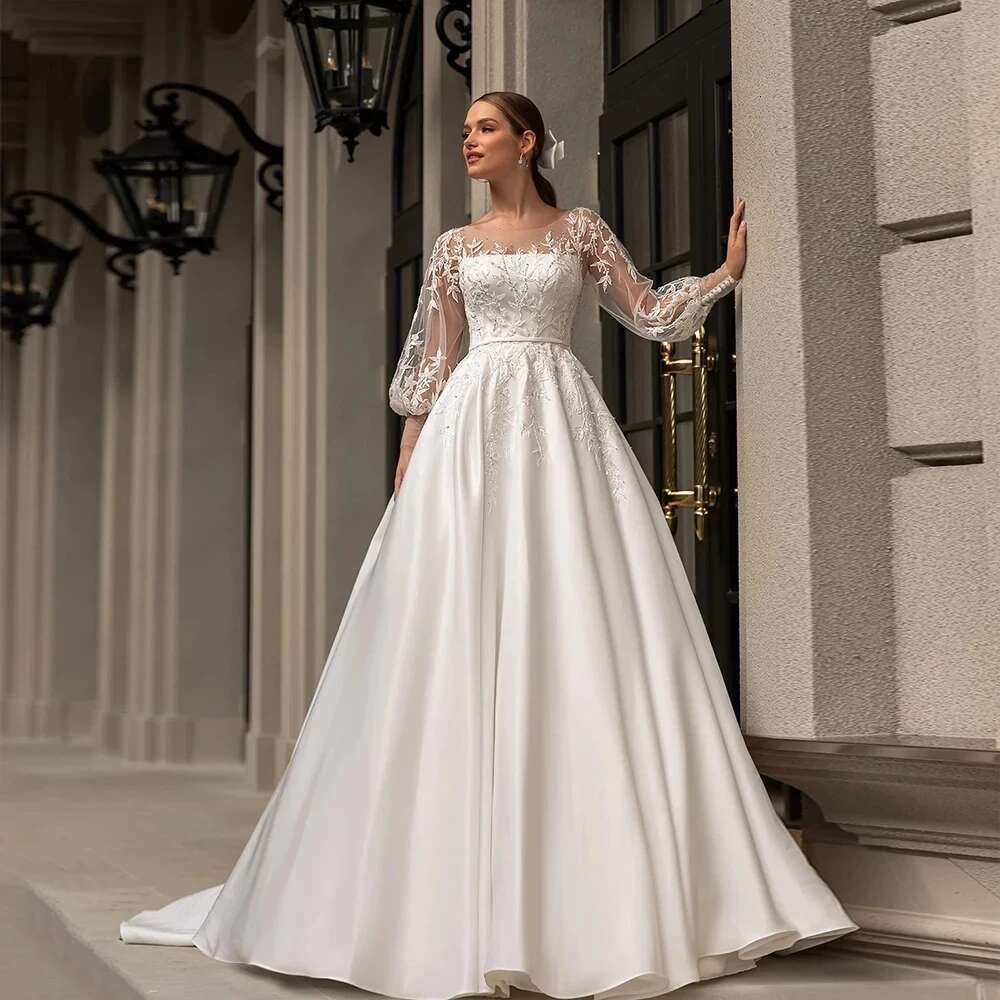 2024 Lace Application Wedding A-e Fluffy Pleated Satin Ball Long sleeved Formal Bride Beach Party Dress