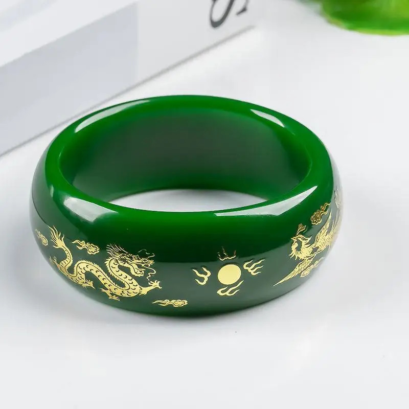 Natural Green Jade Bracelet Hand drawn Dragon Phoenix Heart Sutra Charm Exquisite Jewelry Talisman Round Bracelet 241007