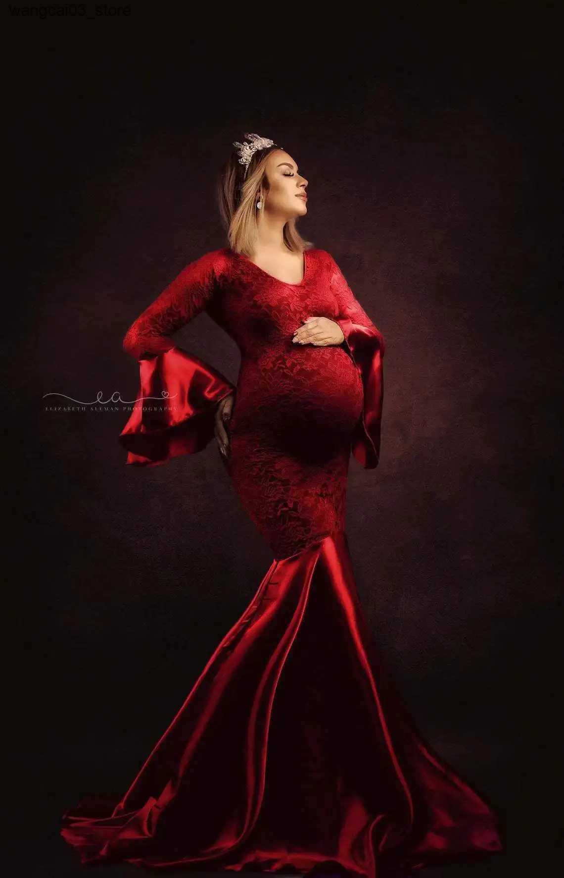 Maternity Dresses 2024Lace Maternity Pregnancy Dress Photography Props Dresses Photo Shoot Mermaid Maxi Gown Pregnant Women Long sleeve Clothes L24091