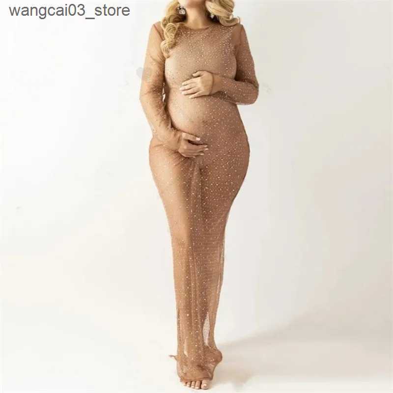 Maternity Dresses Mesh Maternity Photography Gown Sparkling Rhinestone Elastic Sexy Dress Transparent Pregnant Women Dress For Photo Shoot L240910