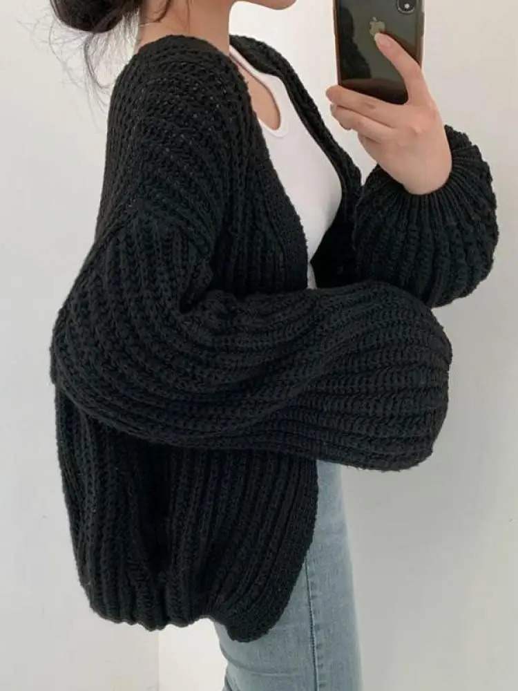 2024 Vintage Harajuku Lantern Sleeve Women Cardigan Sweater Casual Korean Fall Streetwear Tops Coat Chic Lazy Wind Y2k 241007
