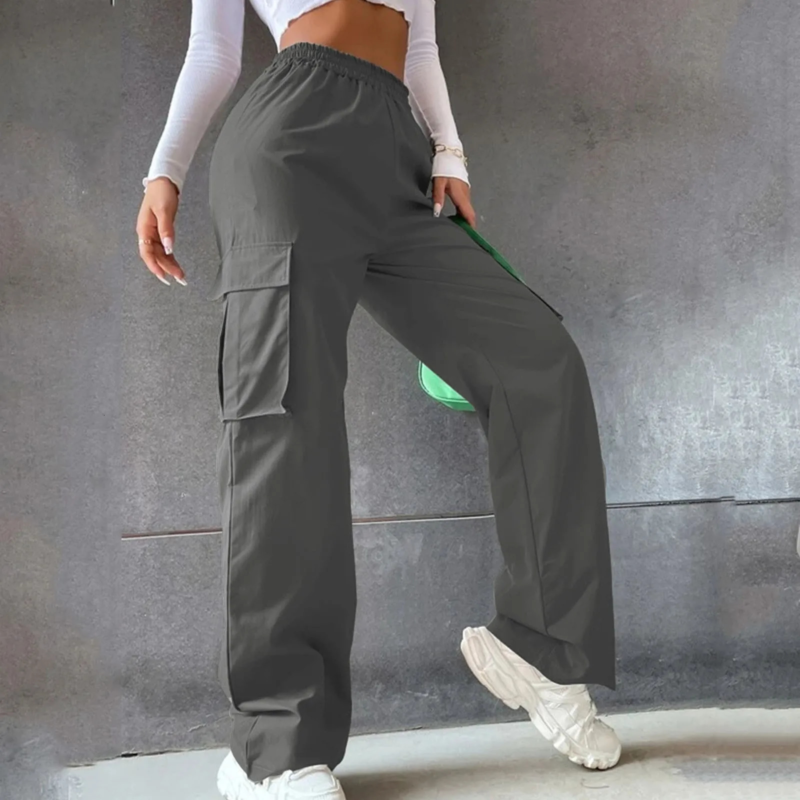 Fashion Multi Pocket Y2K Cargo Pants Womens Casual Versatile Streetwear Baggy Pants Loose Elastic Waist Solid Colour Trousers 241011