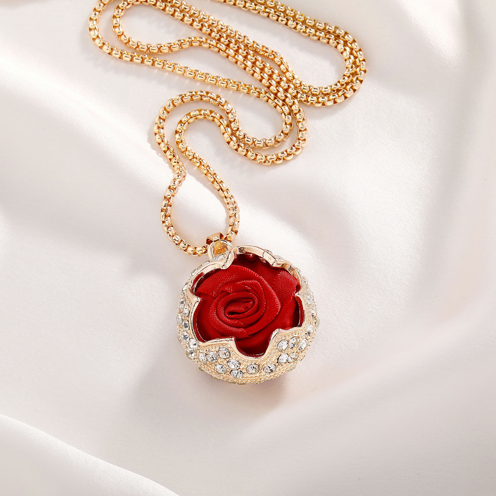 Double Sides Rose Flower Pendant Necklace Gold Plated Sweater Chain Jewelry Girl Women Gift