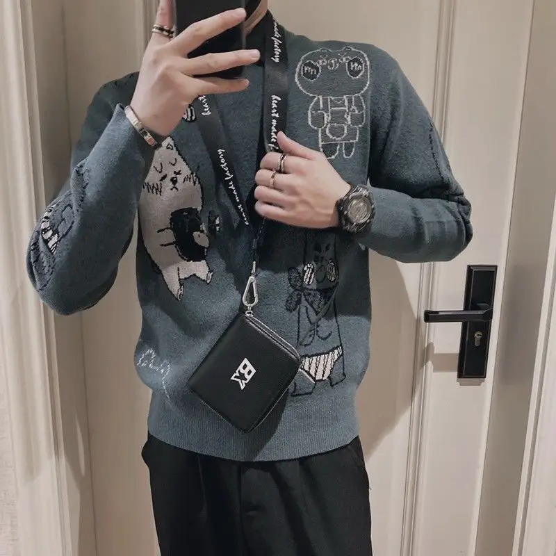 Fashionable O-neck Embroidered Cartoon Sweater Mens Wear Winter Loose Knitted Full Match Lanhua Leisure Warm Top 241007