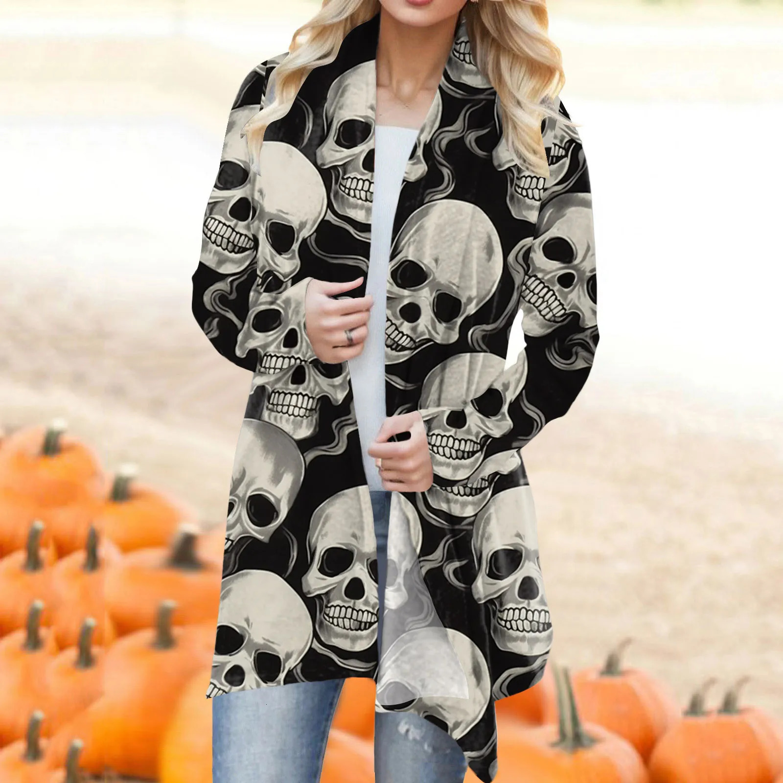 Womens fashion casual Halloween printed cardigan wool coat to keep warm medium to long party cardigan plus size 241007