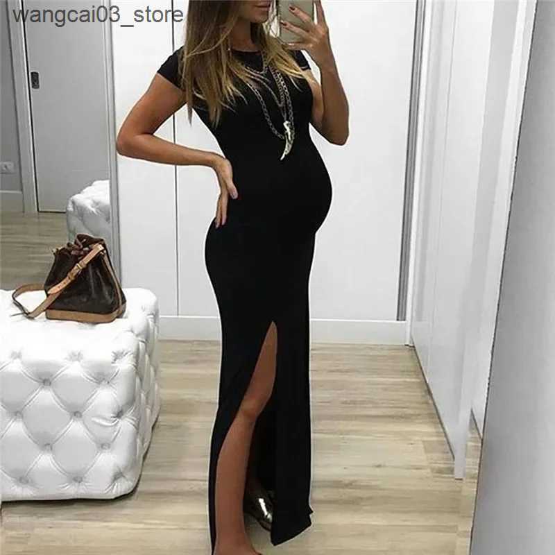 Maternity Dresses Pregnant Tight Open Long Dress Women Solid O-Neck Short Sleeve Maternity Spring Summer Pregnancy Clothes L240910