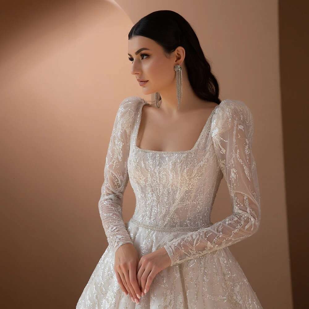 Ball Gown Bridal Gowns Beaded Long Sleeves Square Collar Wedding Dress Custom Made High Quality Princess Dresses
