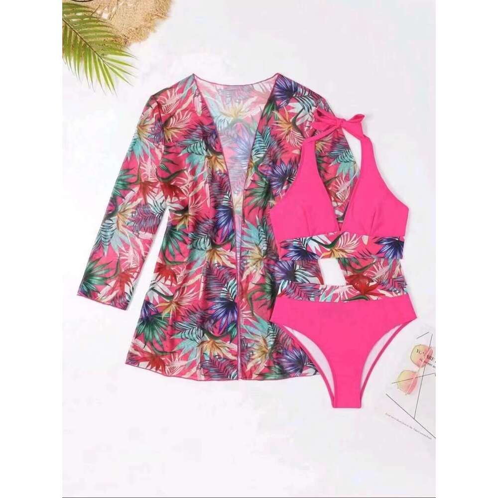 New Sexy Bikini Mesh Three Piece Set 2024 Gathering Split Print Swimsuit For Women