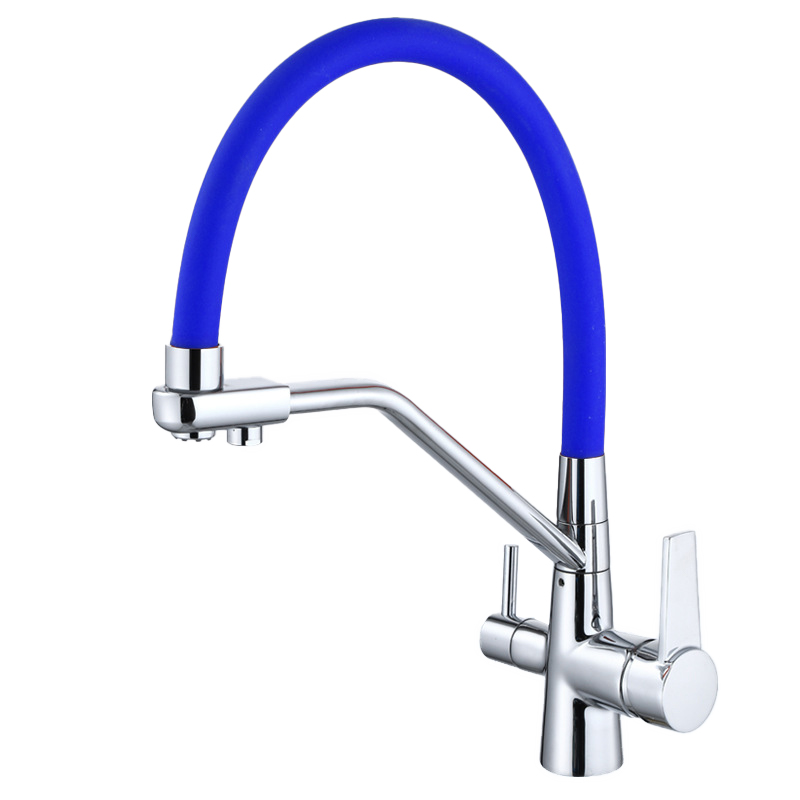 Kitchen faucet brass faucet hot and cold water faucet pure water faucet any retractable double handle faucet blue tube