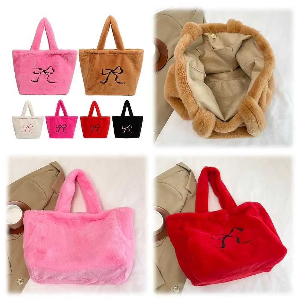 Ladies Plush Shoulder Bag Fuzzy Top Handle Large Capacity Slouchy Hobo Solid Color Fluffy Bow Handbag Daily Commuting 241011