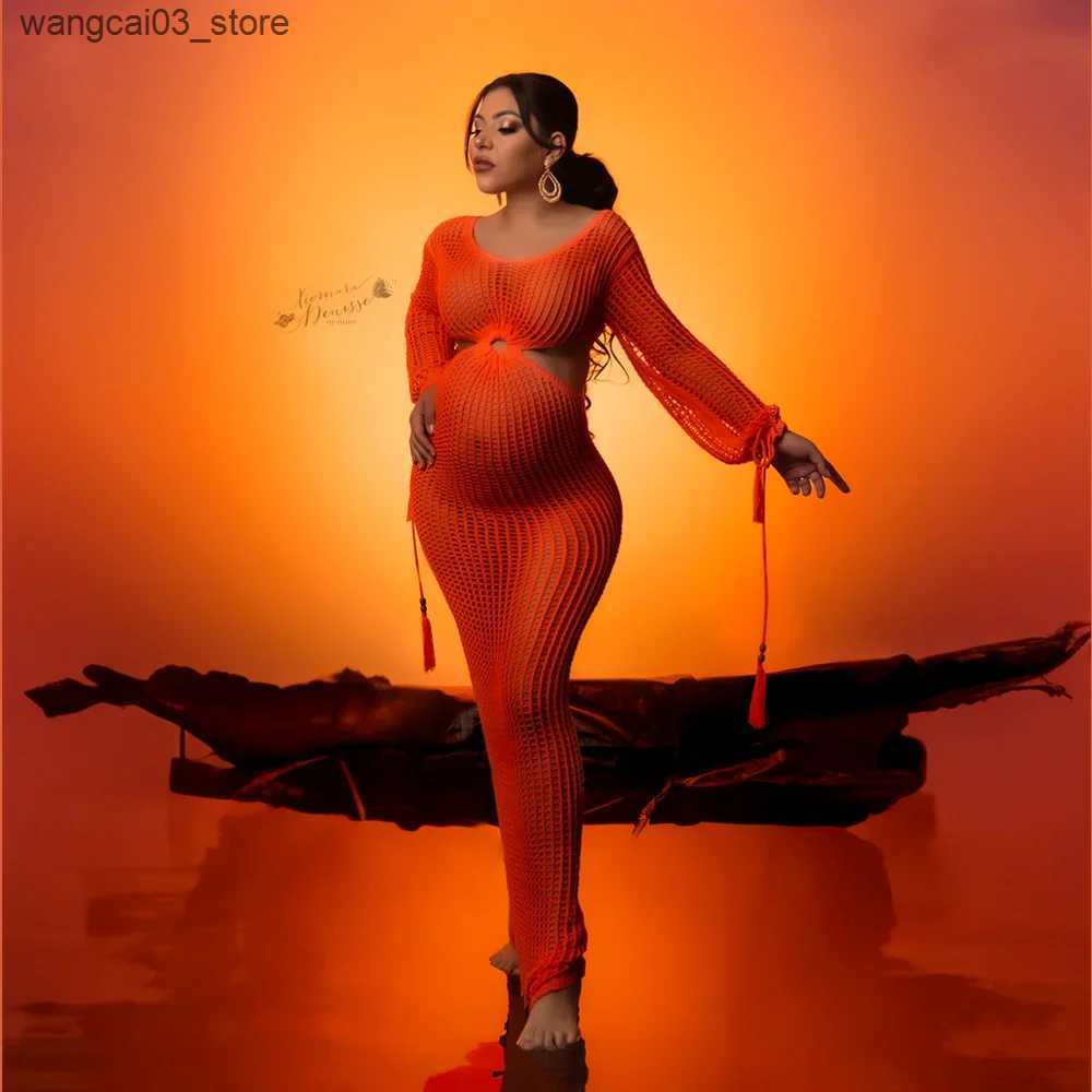Maternity Dresses Fashion Sexy Pregnant Woman Photo Shoot Dress Orange Hollow Out Full Sleeve Maternity Photography Long Dress L240910