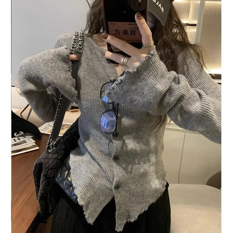 Deeptown Y2k Grey Vintage Women Kint Sweater Harajuku Long Sleeve Cardigan Irregular Korean Fashion Slim Autumn Jerseys Casual 241007