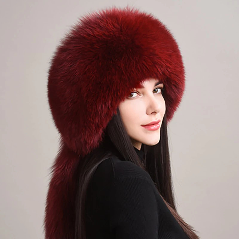 Selling Winter Womens Fox Fur Hat Fluffy Soviet Outdoor Warm Snow Leather 5Tailed True Cold Bomber 241009