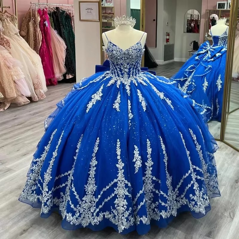 Royal Blue Tulle Quinceanera Dress With Lace Appliques - Spaghetti Straps, V Neck, Ruffles, Ball Gown For Sweet 16 Prom