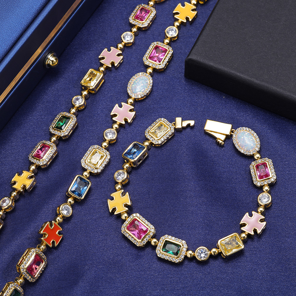 Hip Hop Cross Tennis Chain Necklaces Bracelet Colored Gemstone Jewelry Men Women