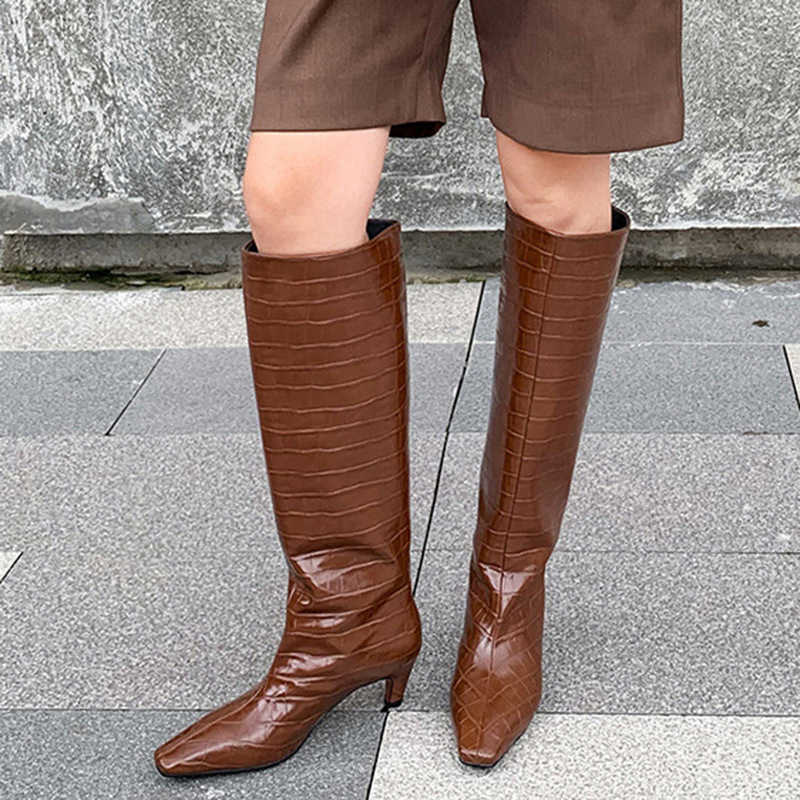 Crocodile Pattern Knight Martin Boots Women Boots Leather Thick High Heel Straight Leg Boots Long Leg Boots Knee Length Boots Boots 240826