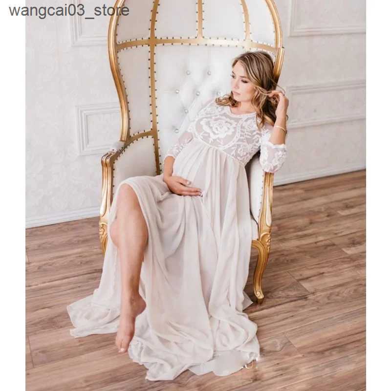 Maternity Dresses New Maternity Lace Chiffon Trailing Dress Pregnant Women Pregnancy Spring Autumn Maxi Gown Photography Prop See Through Clothing L24