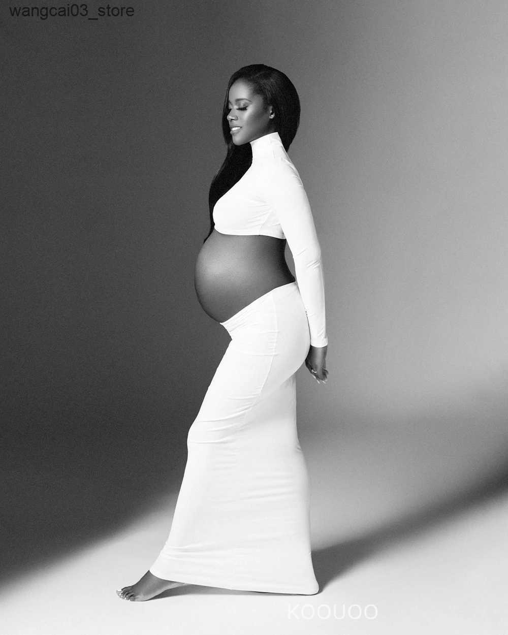 Maternity Dresses Maternity Photo ShootSolid Color Cutout High Neck Crop Top 2-in-1 Long Sleeve Bodycon Club Party Photoshoot Pregnancy Maxi Dress L24