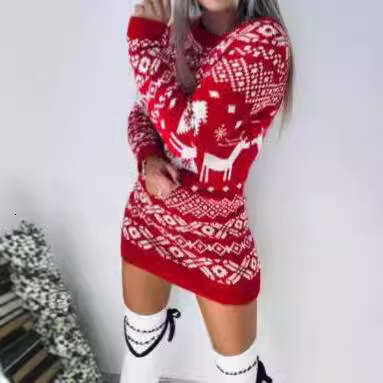 Autumn and Winter New Round Neck Sweater Women's Christmas Theme Snowflake Knitted Long Sleeve Dress Celebrations