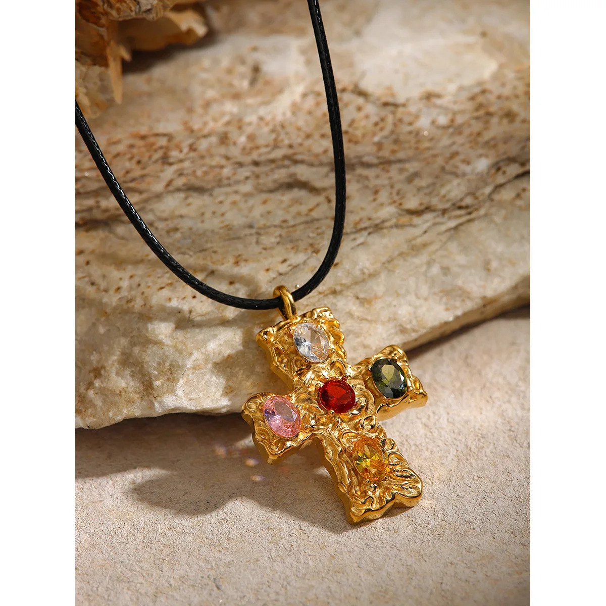 18K gold stainless steel pendant wax rope colored zircon/hammer cross set zircon necklace 240929