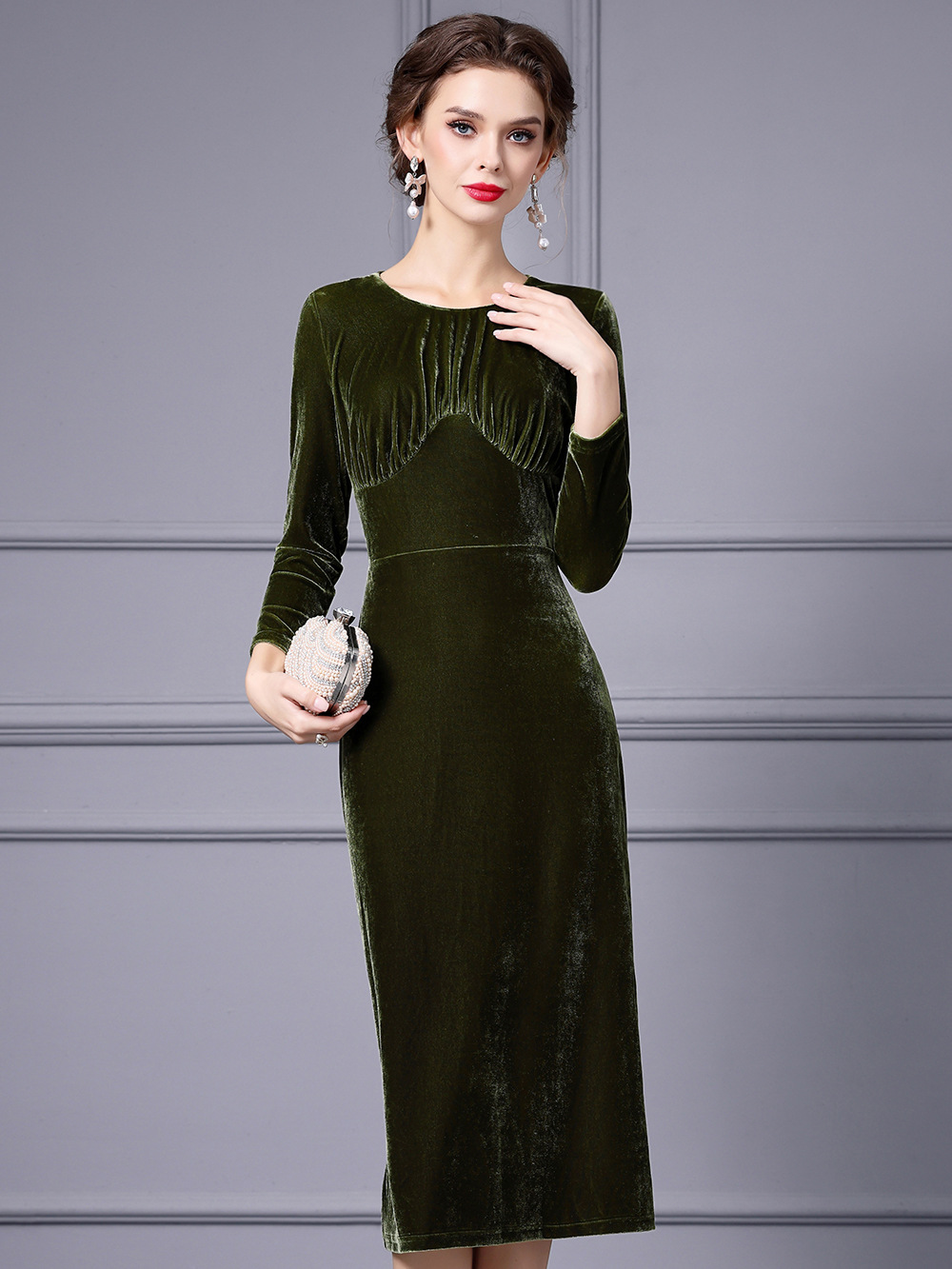 0C-SB9447 407M17 Women's Basic & Casual Dresses Autumn and Winter Golden Velvet Long Skirt Evening Dress