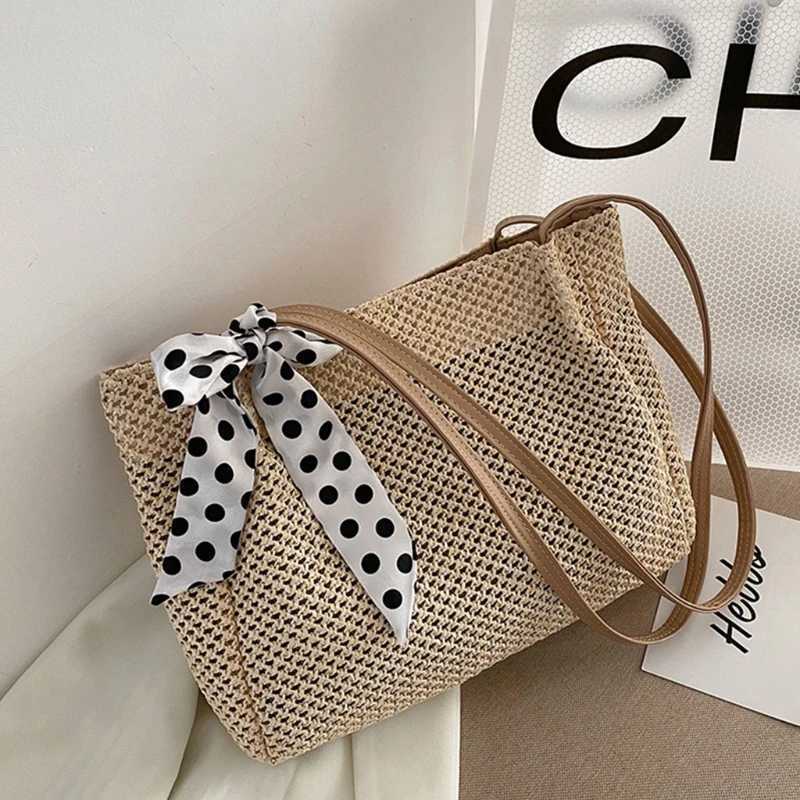 Large summer beach shoulder bag woven square with ribbon handle wallet Y241011