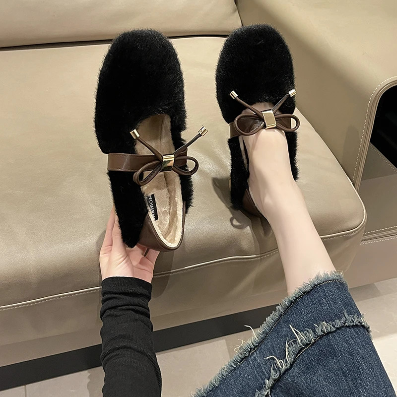 Bailamos Fashion Round Toe Wool Ballet Apartment Fur Mary Jane Shoes Womens Winter Warm Plush Coat New Unprinted Good Product 241007