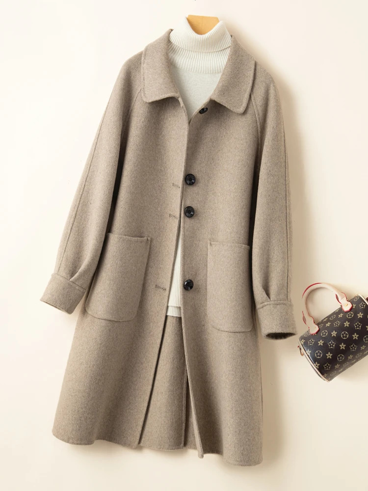 Reversible cashmere coat for women small medium long high-end double-sided cotton doll collar loose fit 100% wool coat 241011