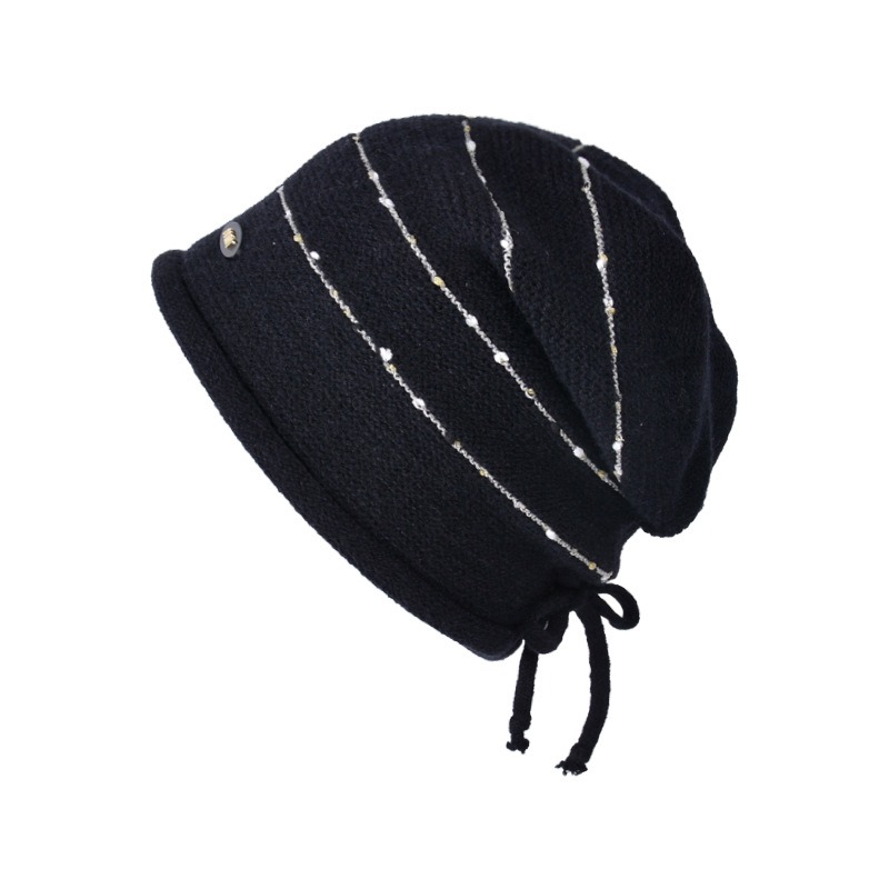 and Autumn Winter Korean Version Big Head Circumference Pile Cap Rolled Edge Striped Knitted Hat Ear Protection