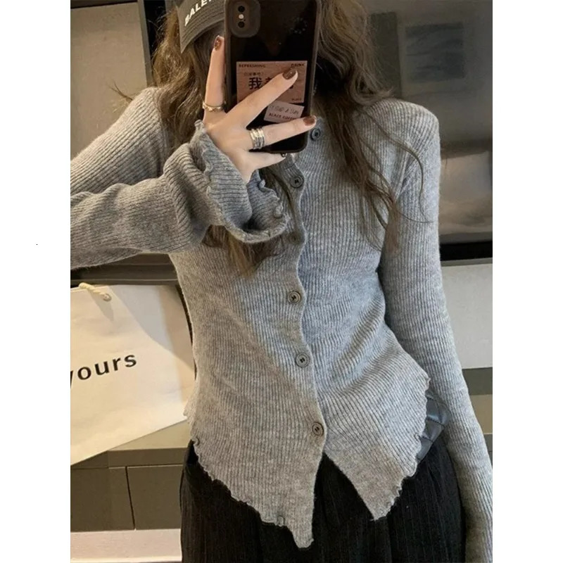 Deeptown Y2k Grey Vintage Women Kint Sweater Harajuku Long Sleeve Cardigan Irregular Korean Fashion Slim Autumn Jerseys Casual 241007