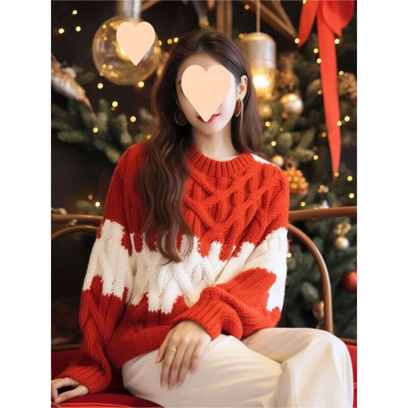Heavy Industry New Year's Robe Red Coarse Thread Sweater Women's 2024 Autumn/Winter Christmas Atmosphere Small Fragrant Style Knitted Top
