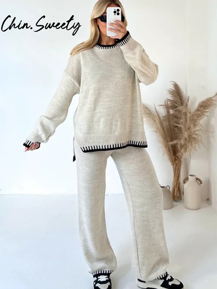 Casual Striped Knitted Set Women Elegant Split Pullover Sweater Elastic High Waist Straight Trousers Lady Outfit Autumn 2024