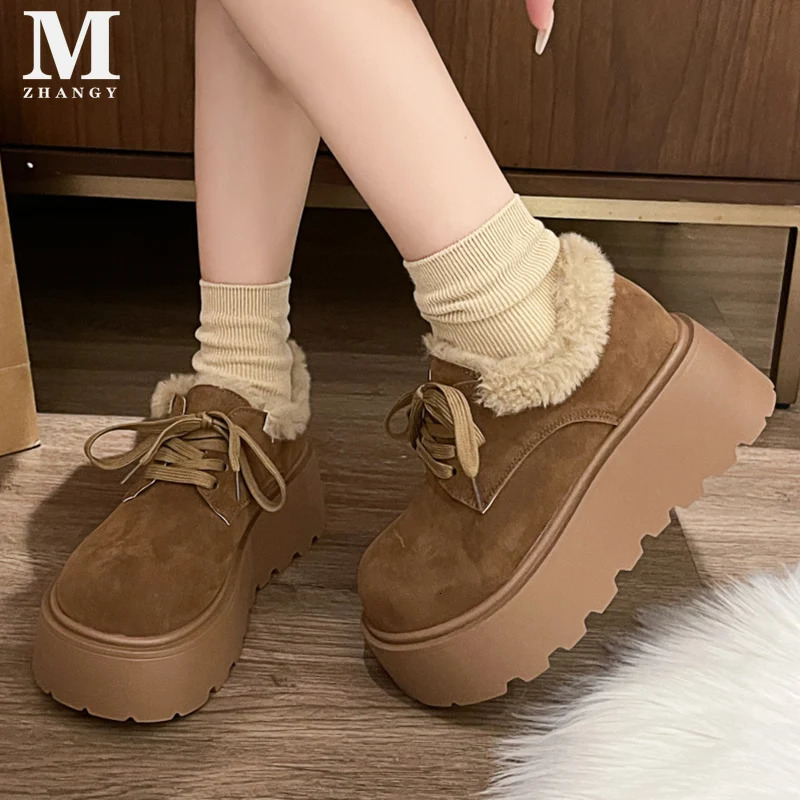 Fur platform womens snow collar boots suede mid boots cotton Mary Jens shoes 2025 trend lace short plush winter Botas De Mujer 241007