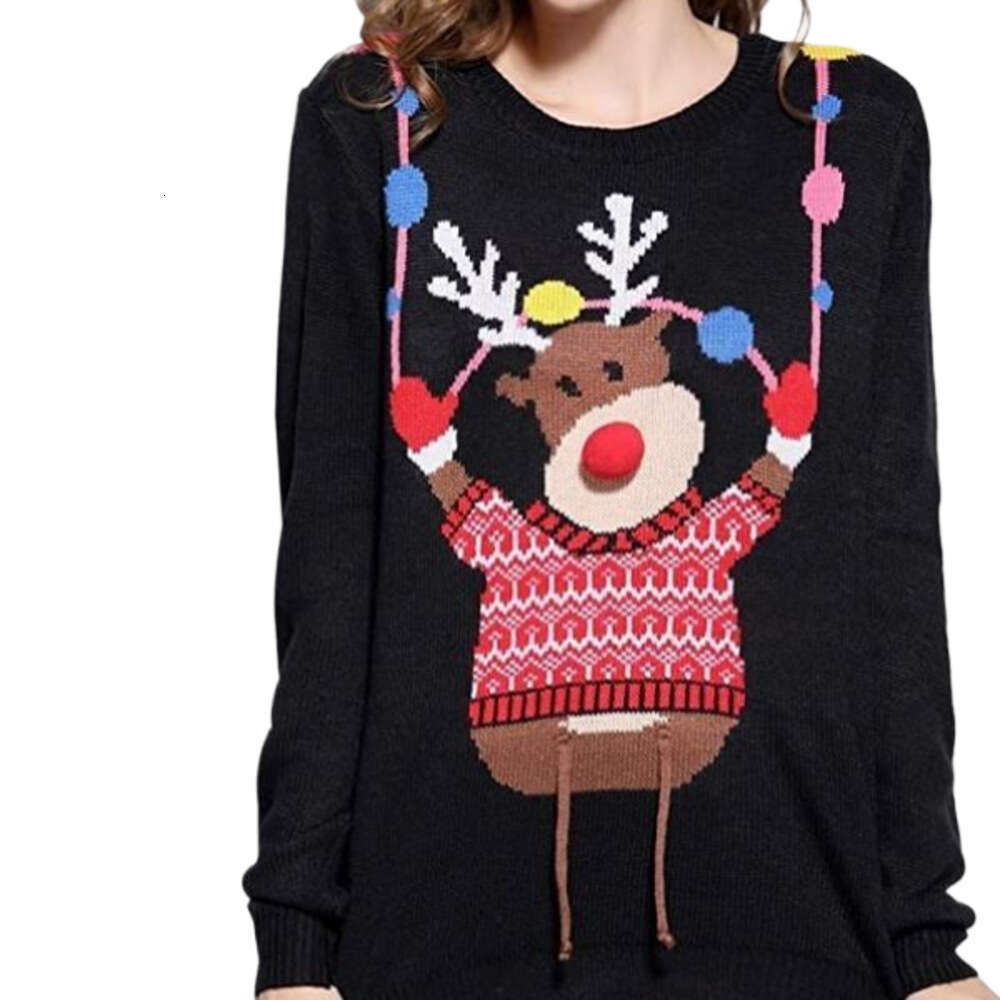 Cartoon jacquard reindeer Christmas sweater, round neck pullover, loose and lazy style women's knitted sweater