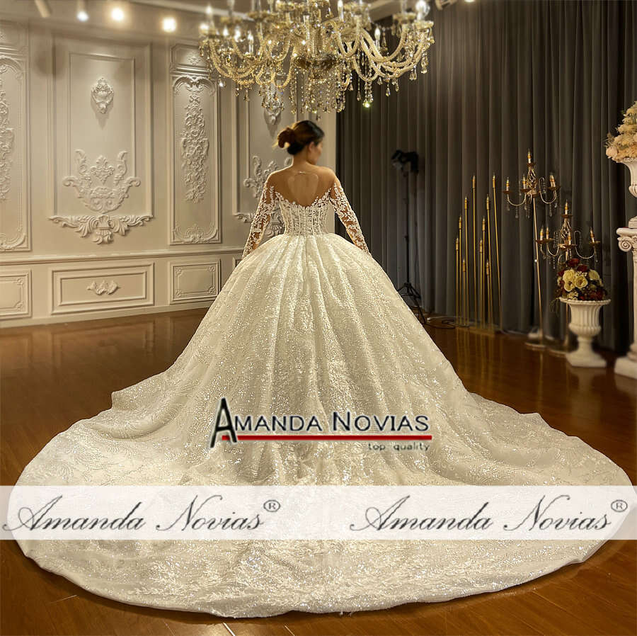 Long Sleeve Off White Ball Gown Lace Wedding Dress