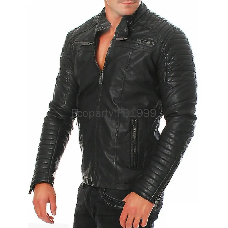 Mens Fashion Pu Leather Jacket Red Black Slim Oneck Zipper Spring Autumn Casual Windproof Coat Male Clothing 241008