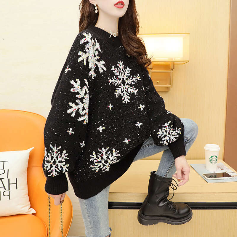 Red Christmas plus size sweater women's pullover thickened autumn and winter 2024 new knitwear top loose fit
