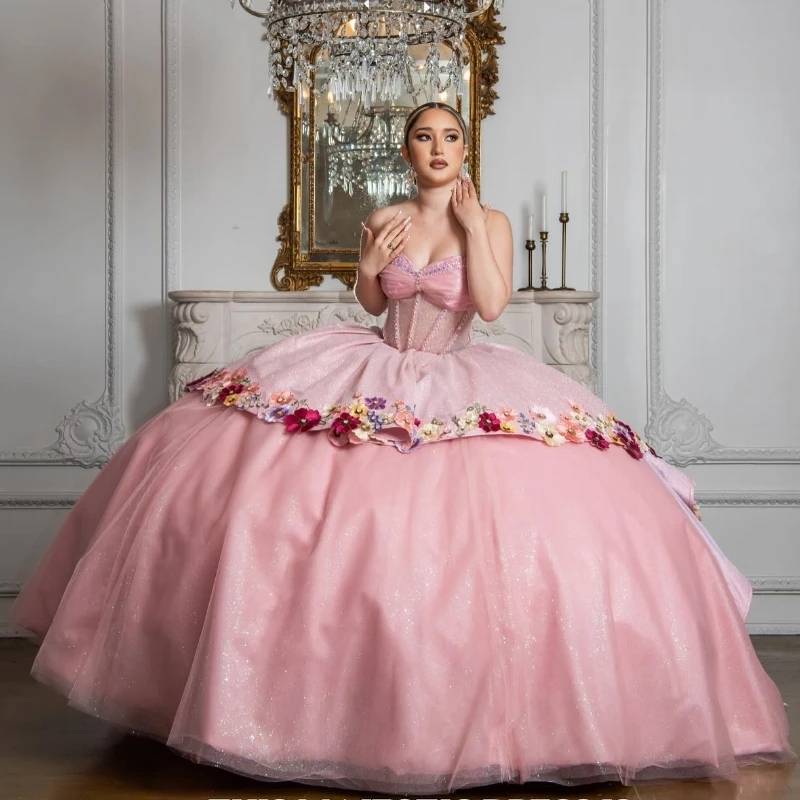 Sparkling Pink Sweetheart Quinceanera Dresses Off the Shoulder Beads Crystal Applique Party Sweet 16 Ball Gown Graduation Vestidos De 15 Anos