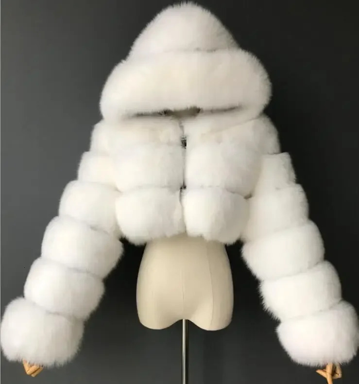 fox fur long sleeved coat short hooded synthetic spliced womens 241010