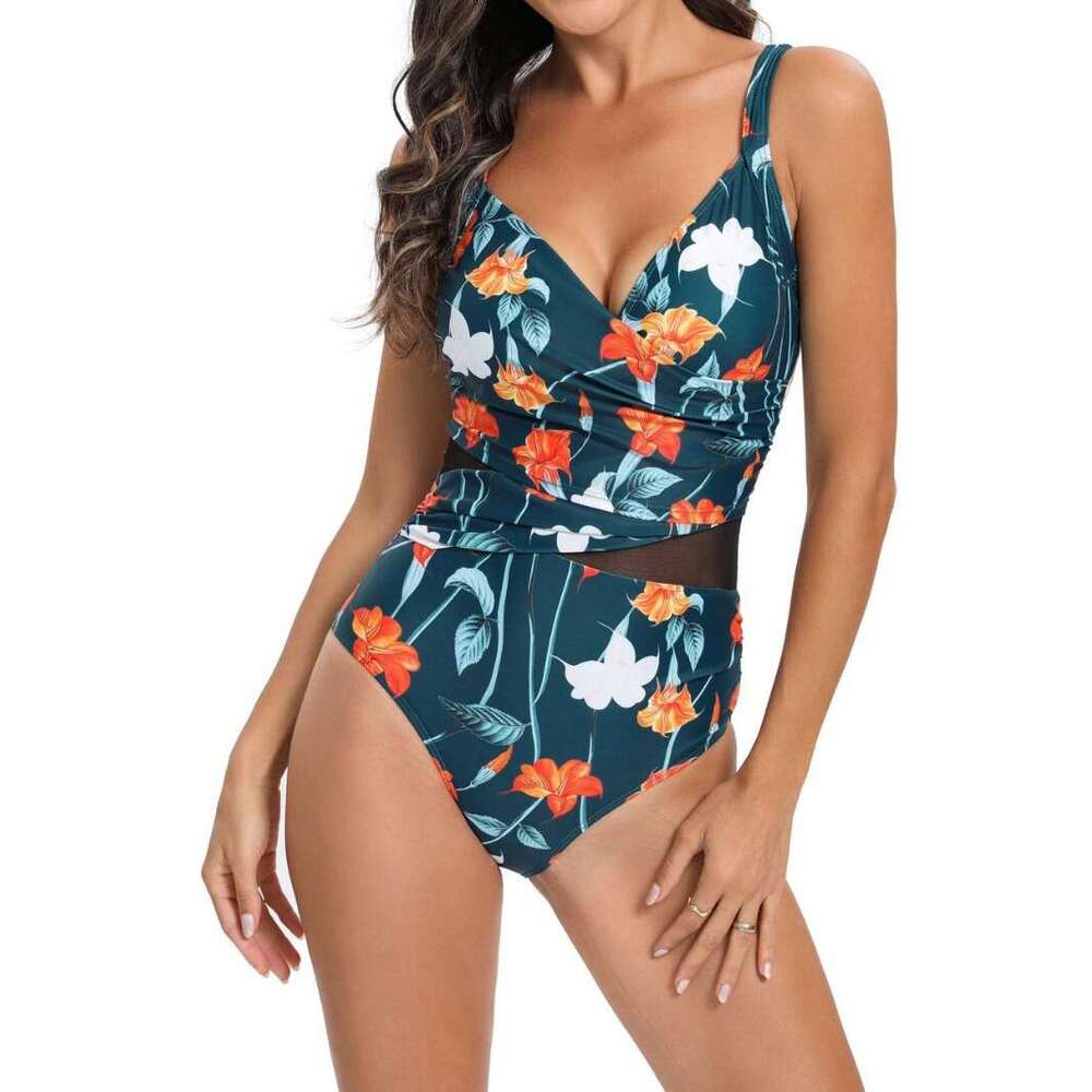 2024 New Printed One Piece Mesh Spliced Bikini Open Back Hollow Sexy Swimwear