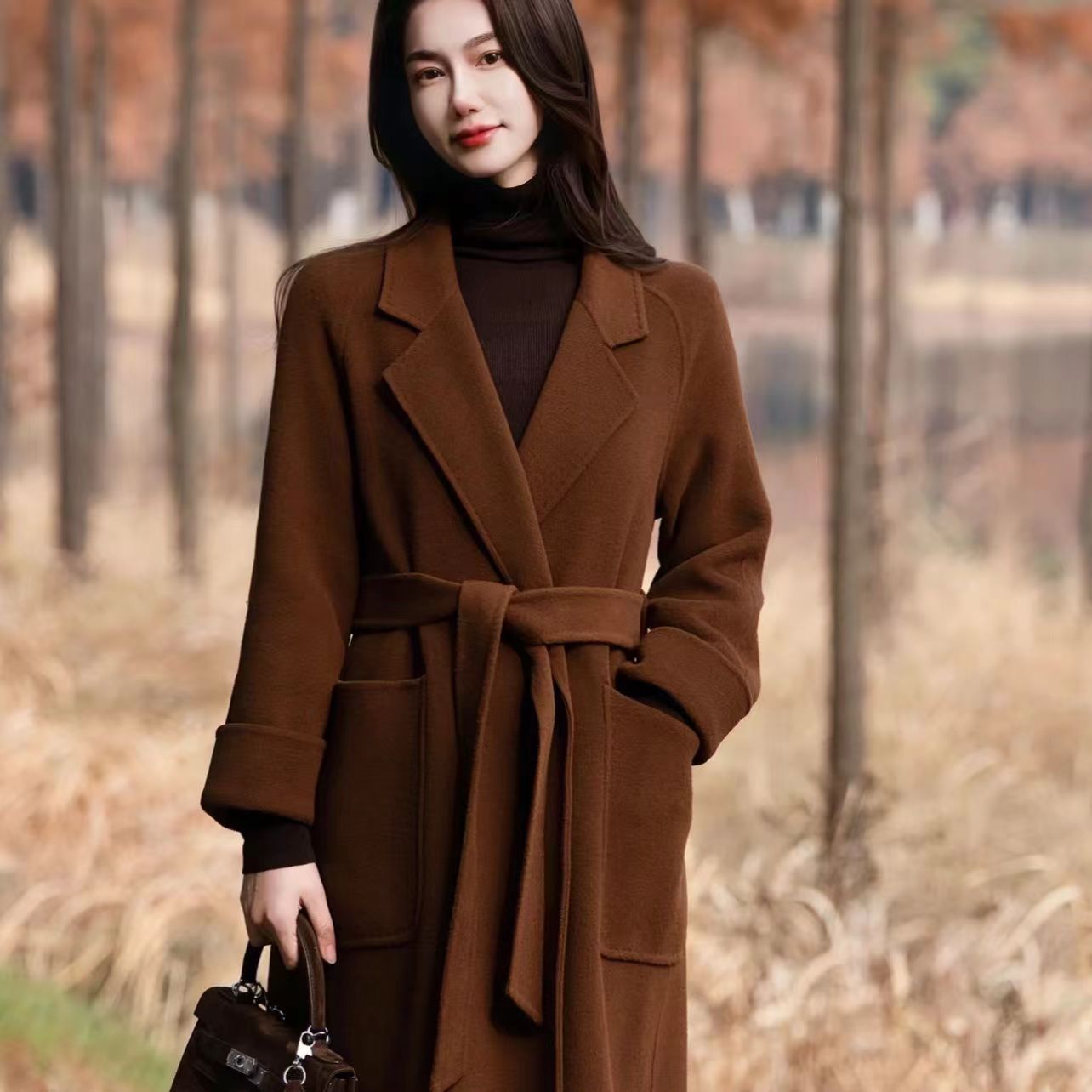 Coffee colored double-sided cashmere coat for women 2024 new mid to long style high-end temperament versatile woolen coat for autumn and winter