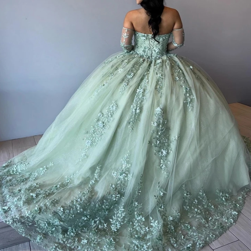 Green Quinceanera Dresses Off Shoulder Ball Gown Sweet 16 Dress Vestidos De 15 Anos Applique Lace Beads Tull Birthday Party Princess Pageant