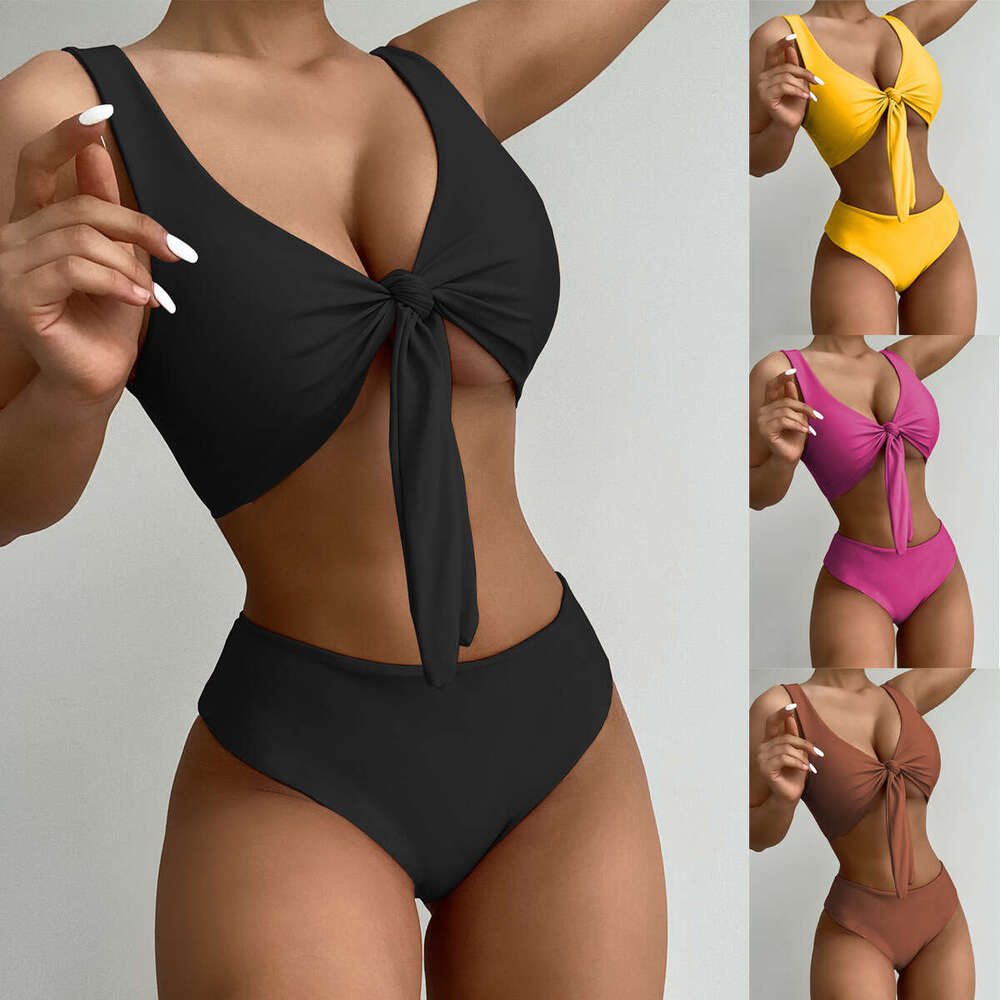 2023 New Swimsuit, Tight Fitting Backless Bikini, Women's Sexy High Waisted Solid Color Bikini